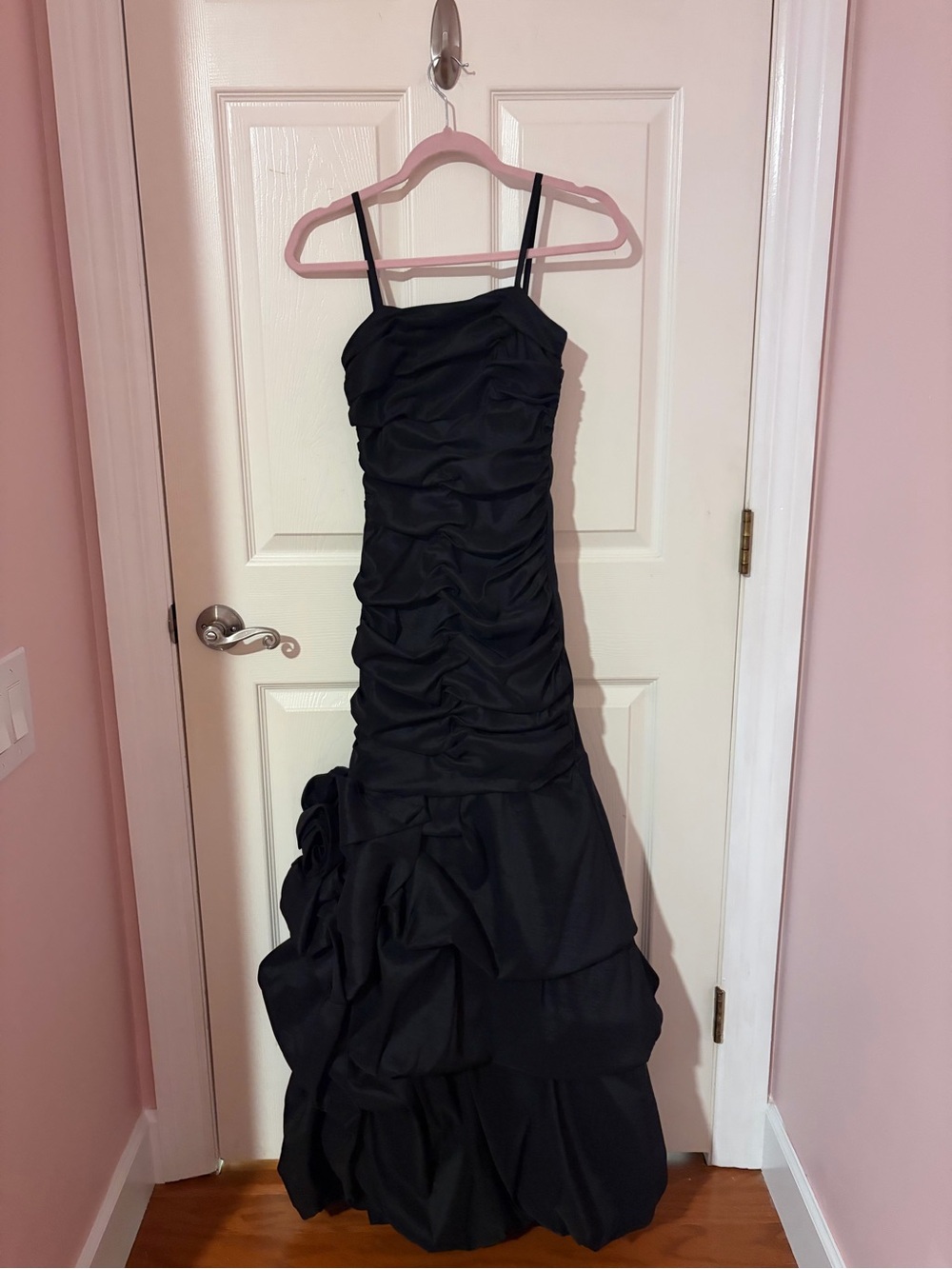 Jessica McClintock Black Ruched Formal Gown with Spaghetti Straps